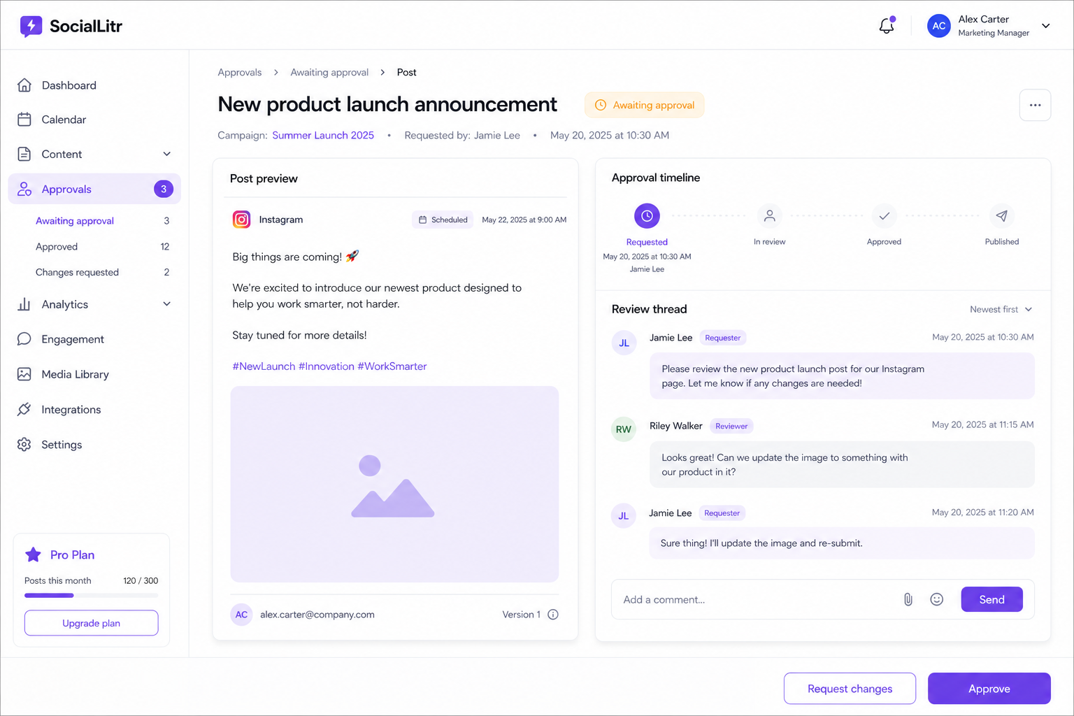 SocialLitr guest approval view with post preview and approve actions