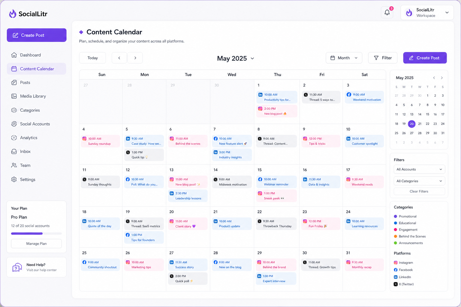 SocialLitr monthly calendar filled with scheduled social posts