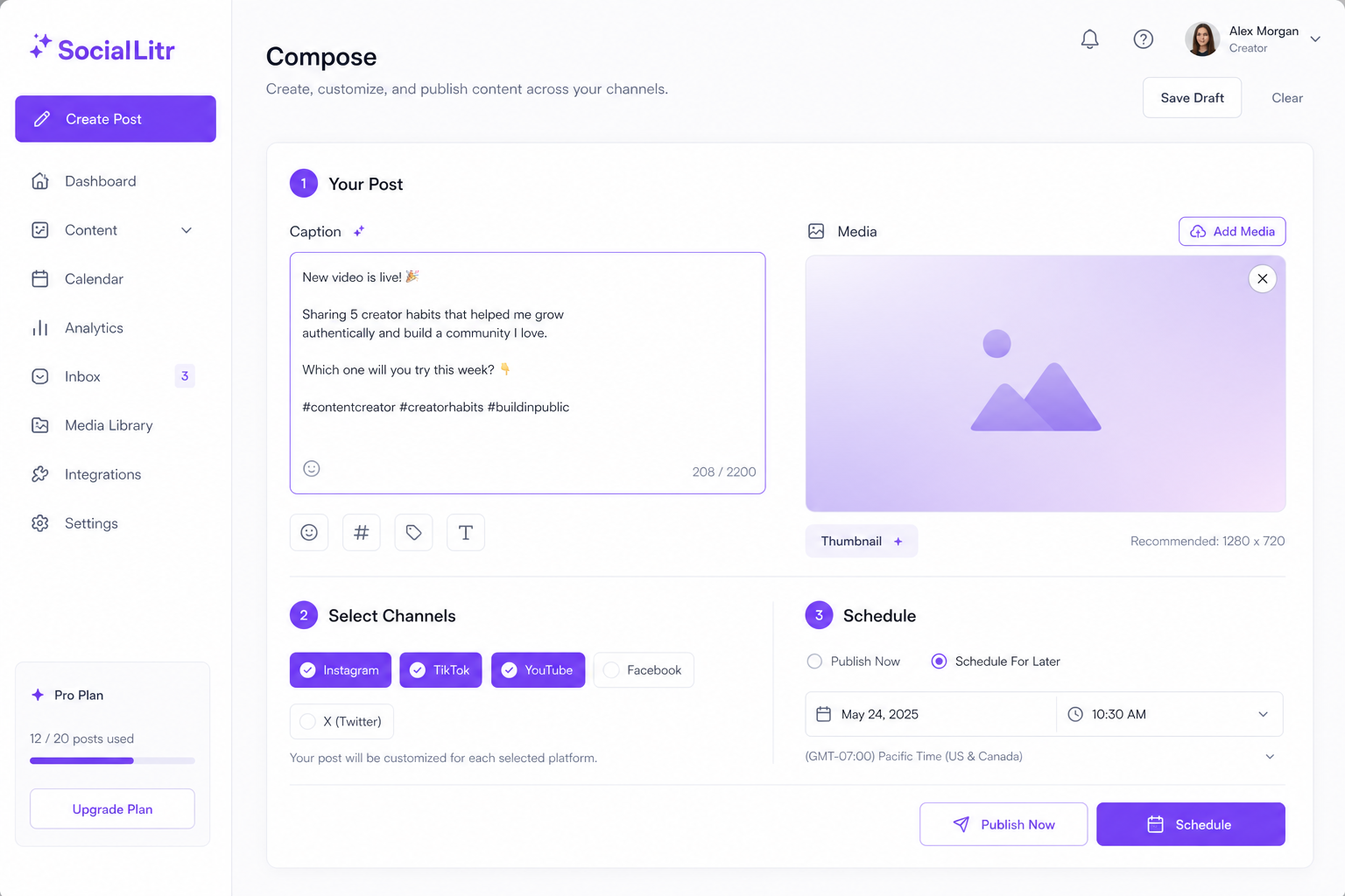 SocialLitr compose screen with caption, media, and channel selectors