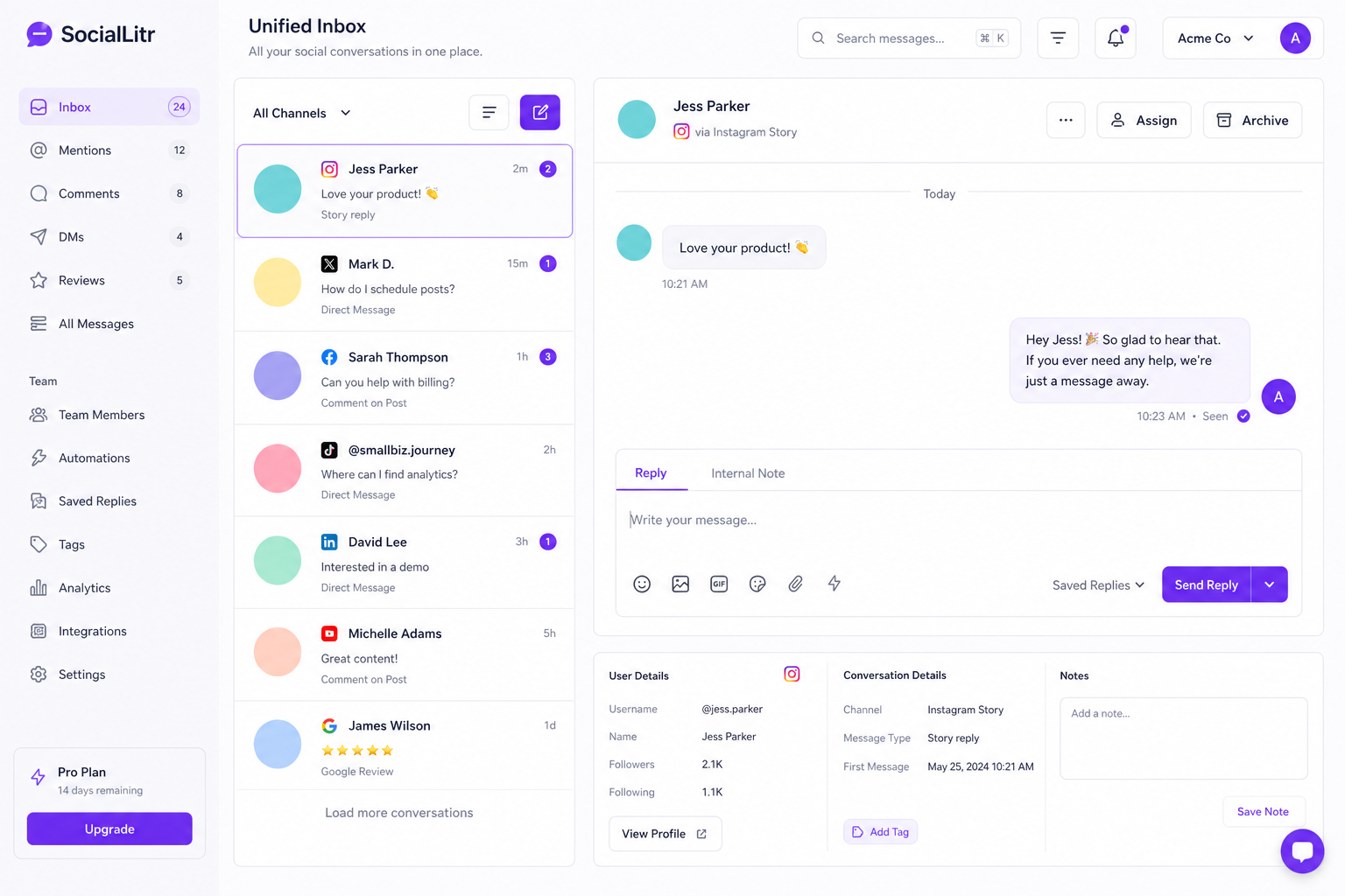 SocialLitr unified inbox with conversation threads