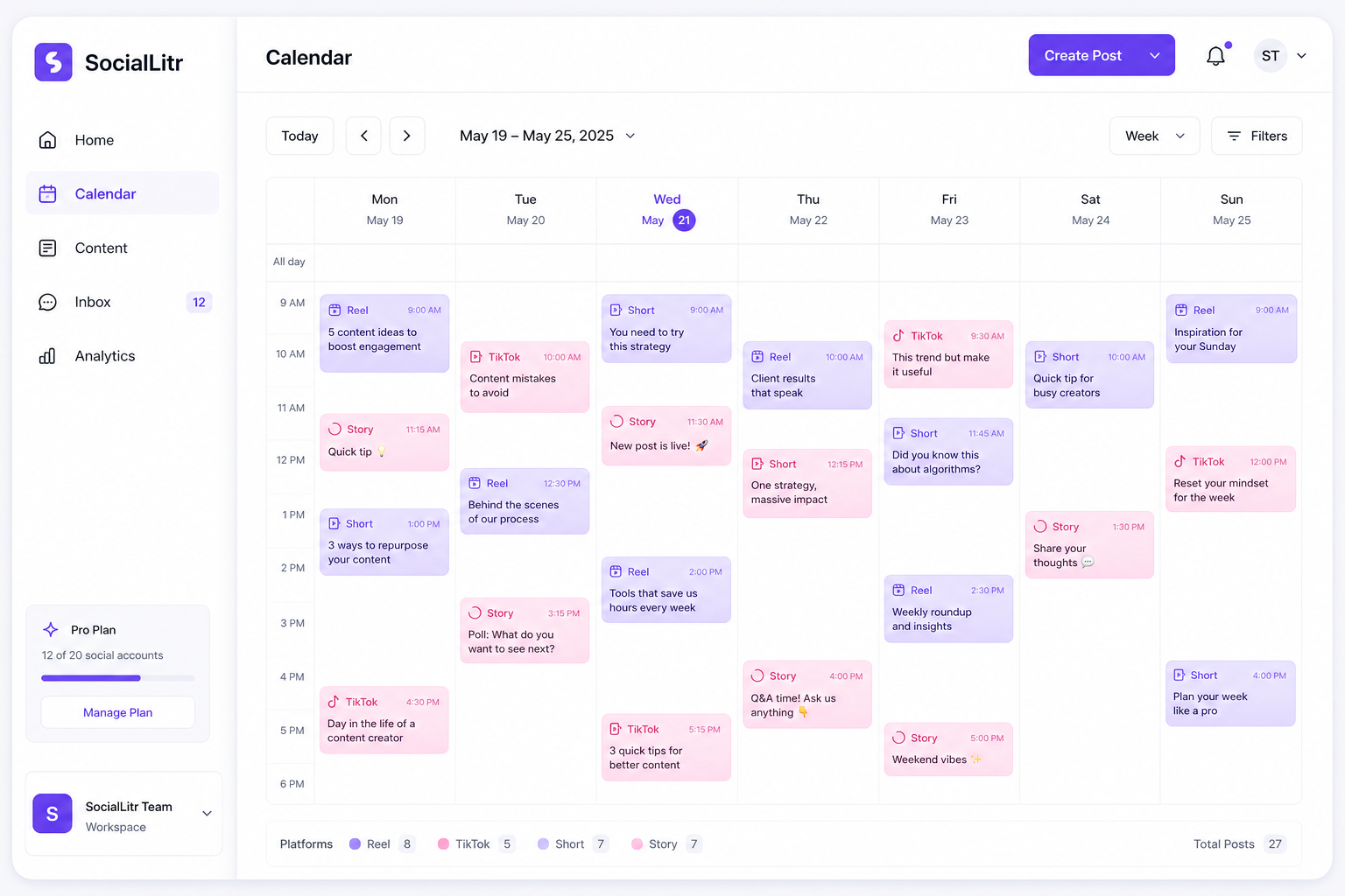 SocialLitr content calendar showing a week of scheduled posts across channels
